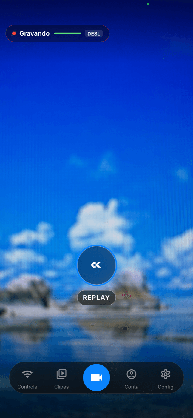 Tela real da câmera do app KplaWY com o botão de replay