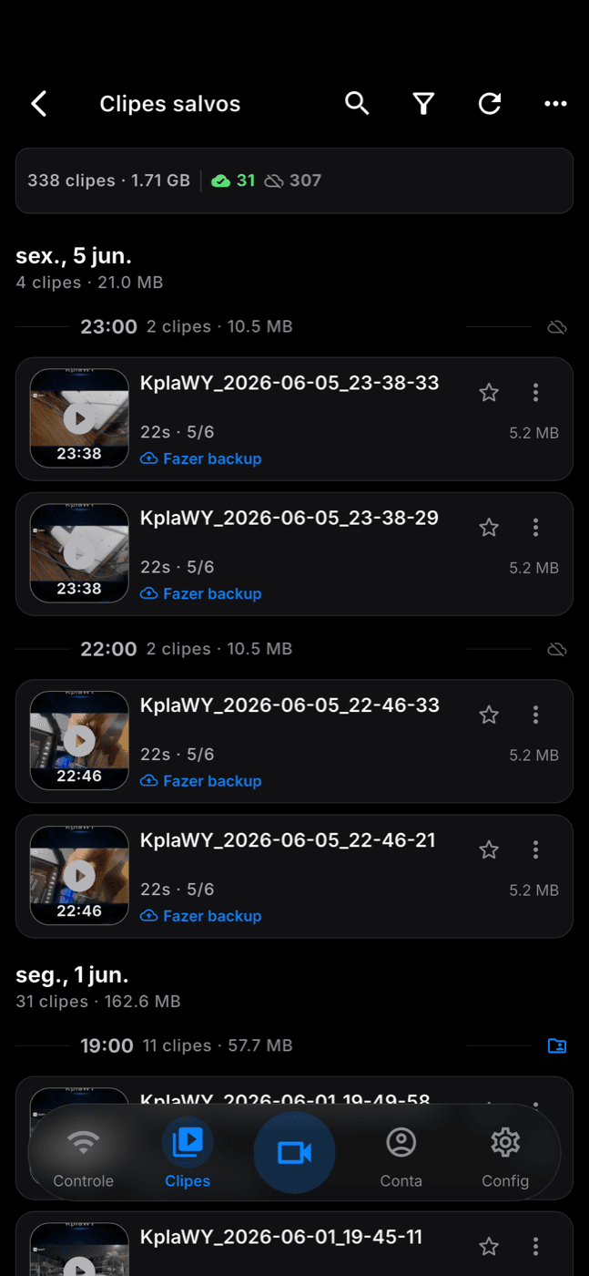 Tela real da biblioteca de clipes do app KplaWY