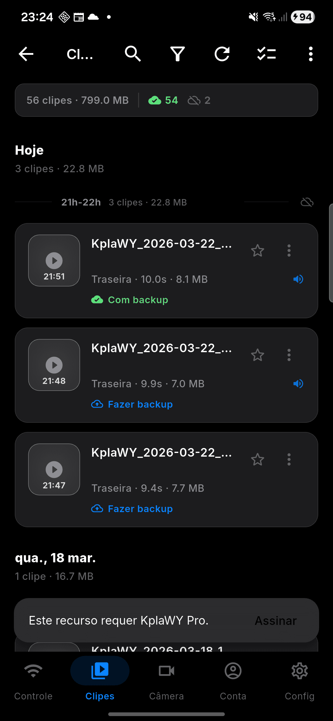 Tela real da biblioteca de clipes do app KplaWY