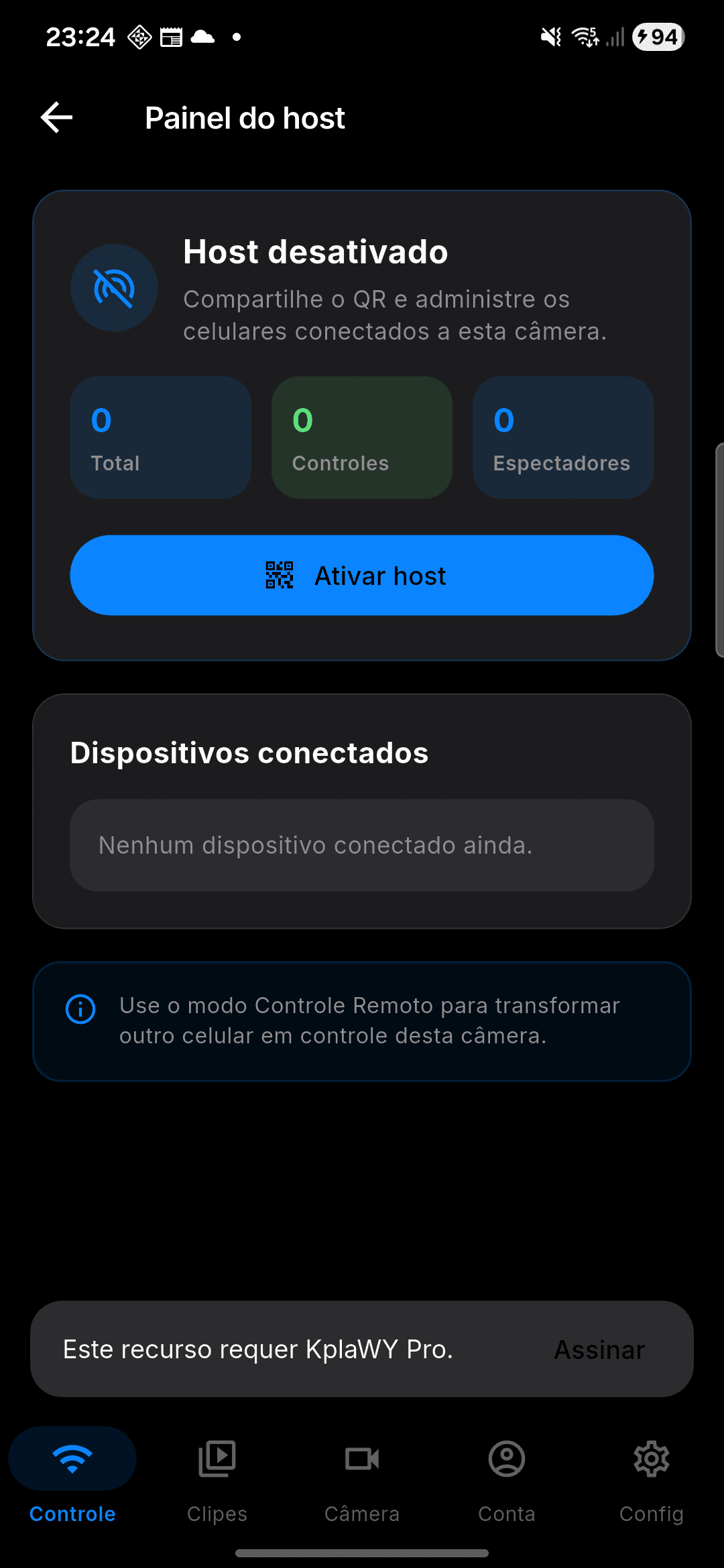 Tela real de controle remoto do app KplaWY