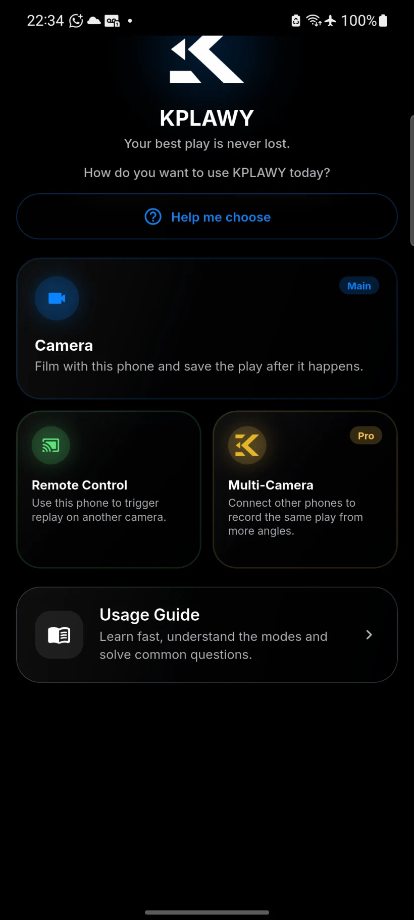 KplaWY mode selection screen in English