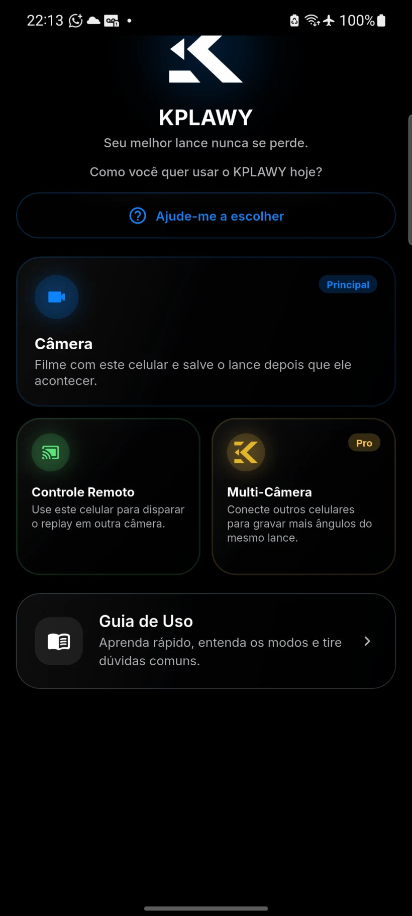 Tela de seleção de modo do KplaWY em português