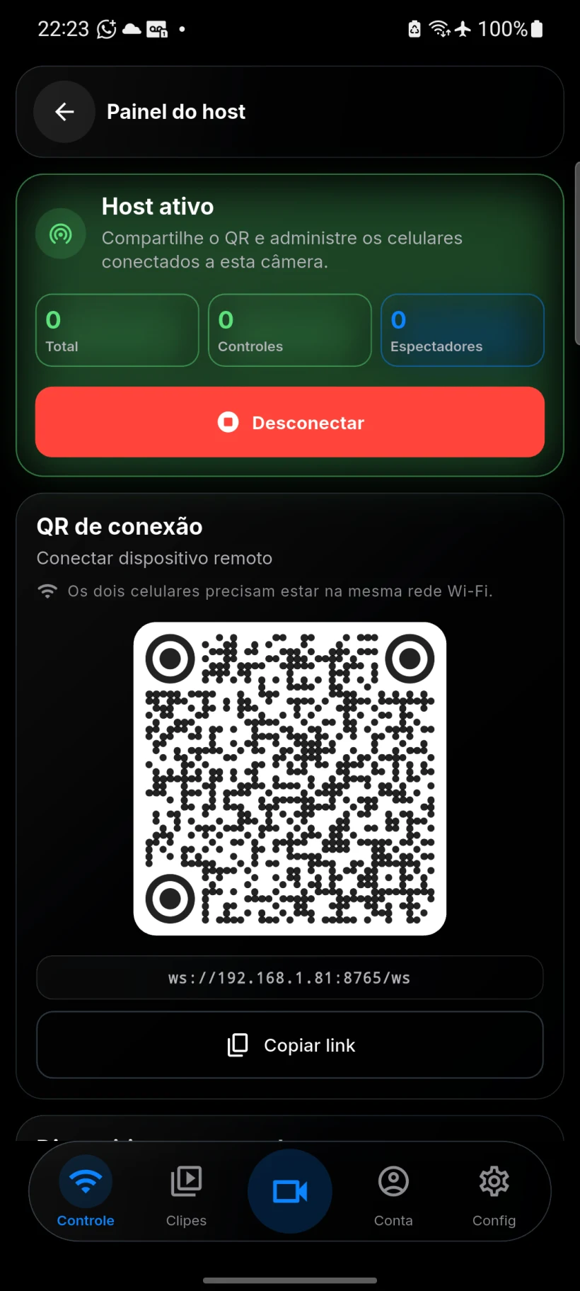 Tela de controle remoto ativo do KplaWY em português