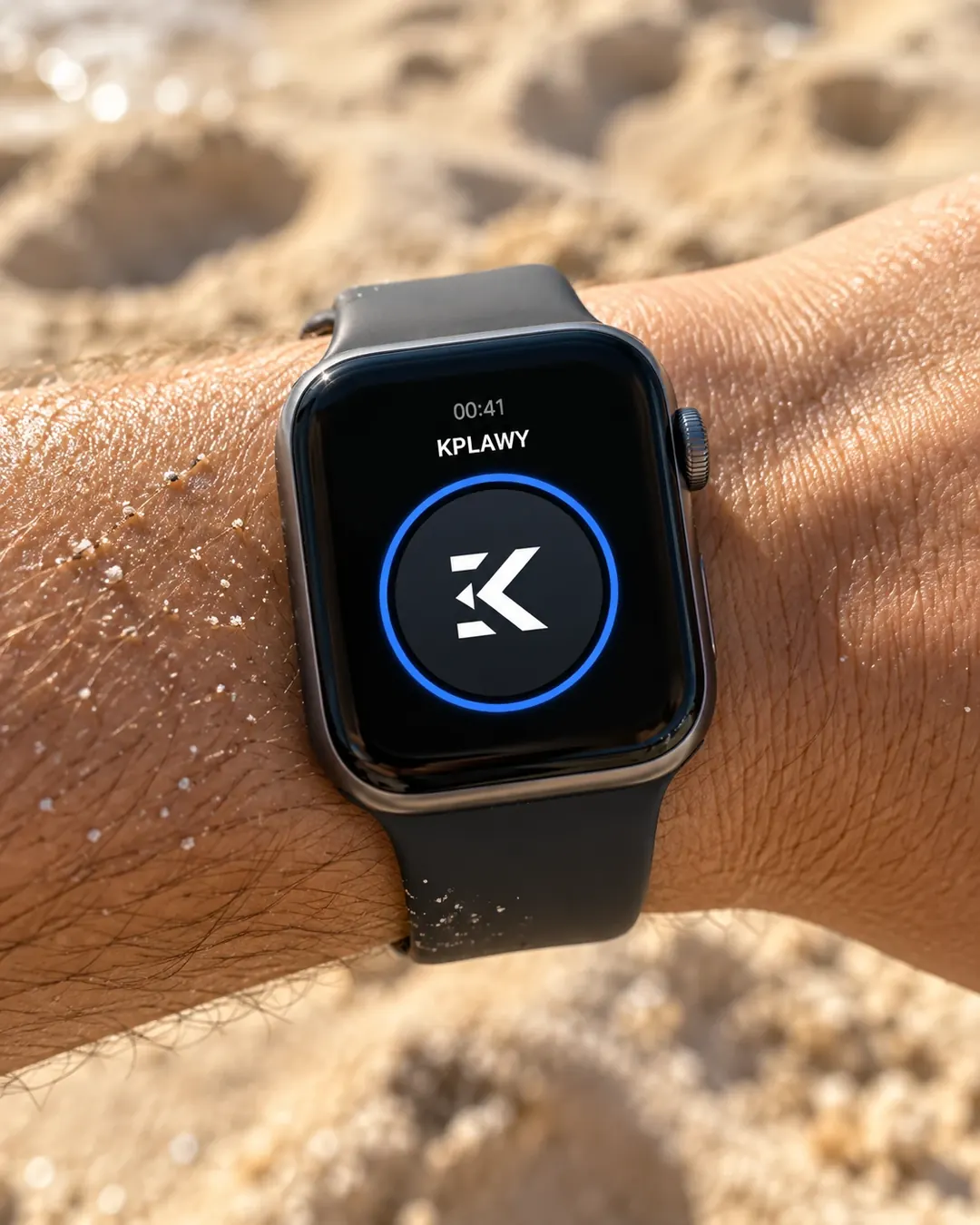 Apple Watch no pulso, na areia da praia, com o app KplaWY aberto